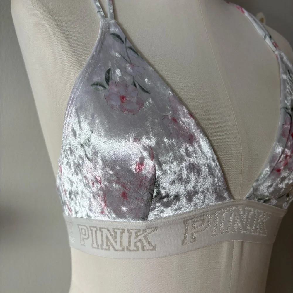 PINK by Victoria’s Secret Velour Floral Racerback Bra XS White Pink - Picture 2 of 10